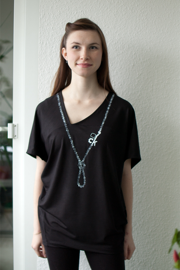 oversized shirt with pearl necklace